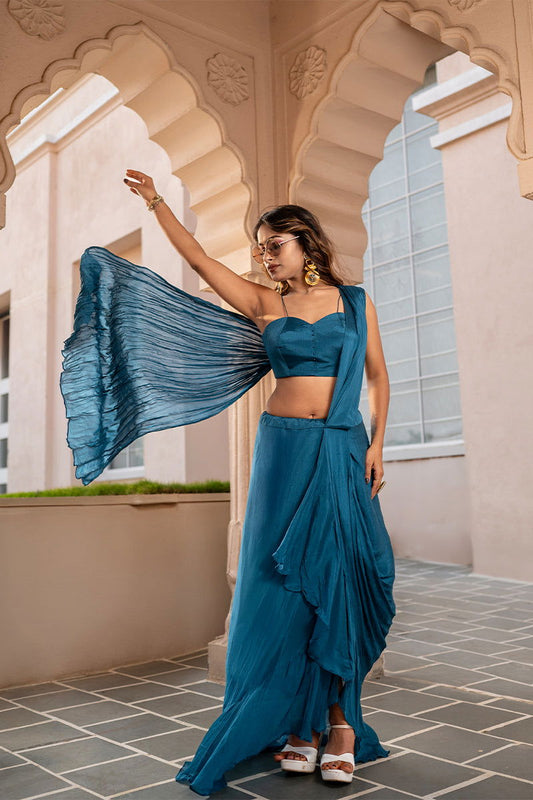 2-Set -Turquoise Blue Pre-Draped Saree, Designer Embroidered Blouse, Palazzo Pants with Matching Blouse, and Net Jacket - Mayrake -