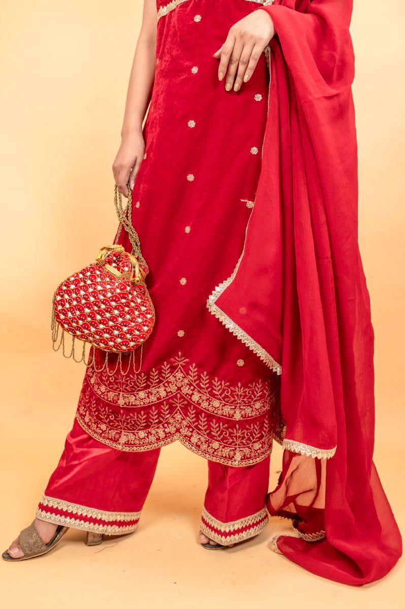 Beautiful Red Potli with Pipe and White Moti Sequin Design - Mayrake.in