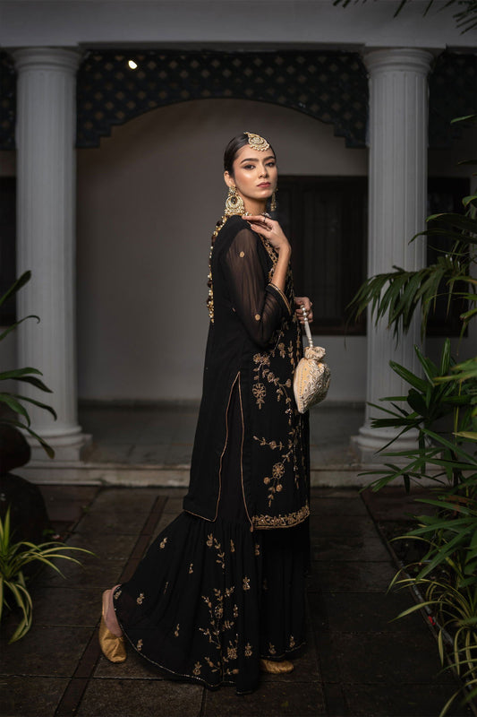 Black Georgette Handwork Zardozi Suit with Garara Set - Mayrake.in
