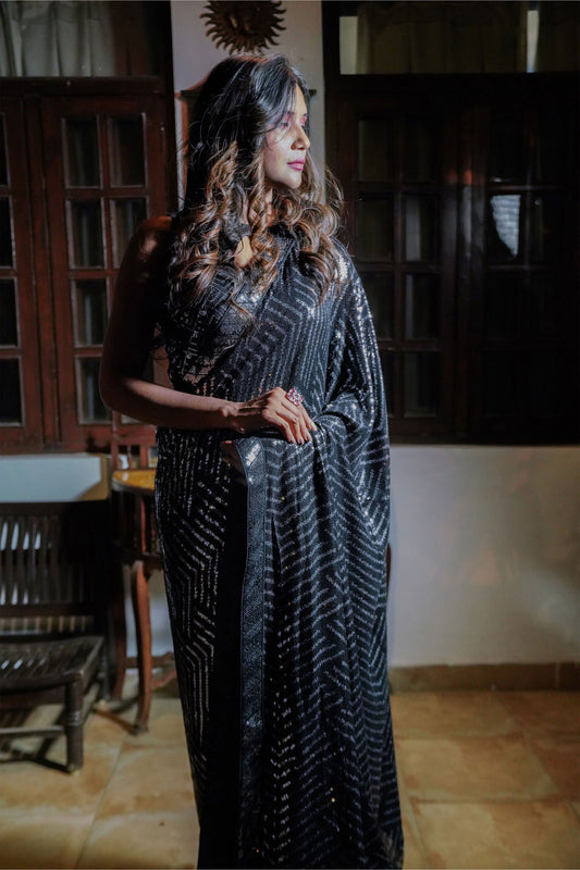 Black Georgette Saree with Sequined Work - Mayrake.in