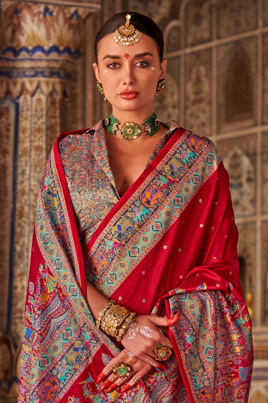 Cherry Red Raw Silk Saree with Heritage Prints - Mayrake.in