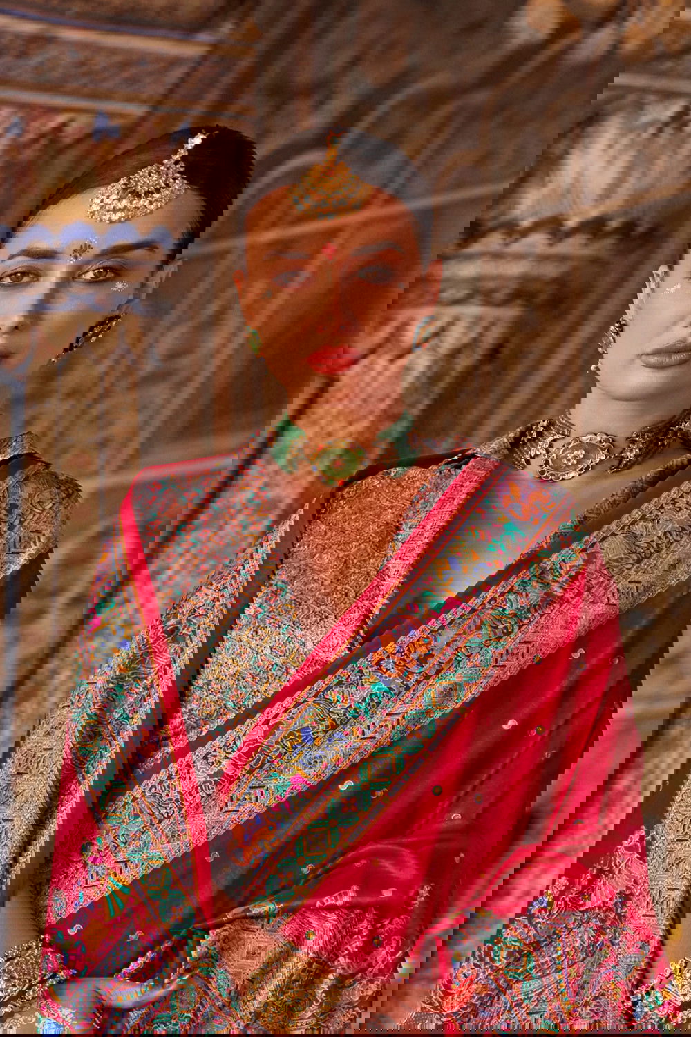 Cherry Red Raw Silk Saree with Heritage Prints - Mayrake.in