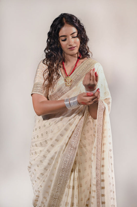 Cream Silk Saree with Golden Buti Work and Rich Zari Border - Mayrake.in