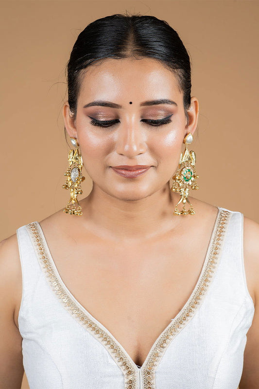 Dangler Earrings with Kundan Work and Pearls in Mixed Metal - Mayrake.in