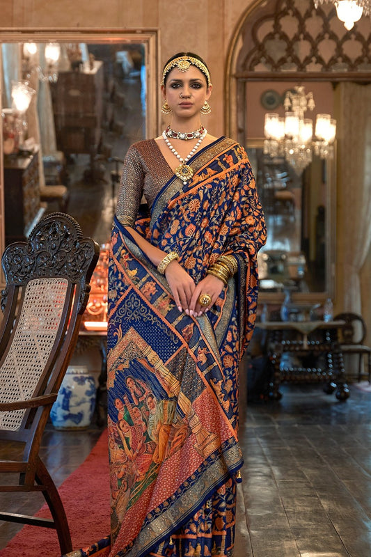 Dark Blue Raw Silk Saree with Ethnic Heritage Prints - Mayrake.in