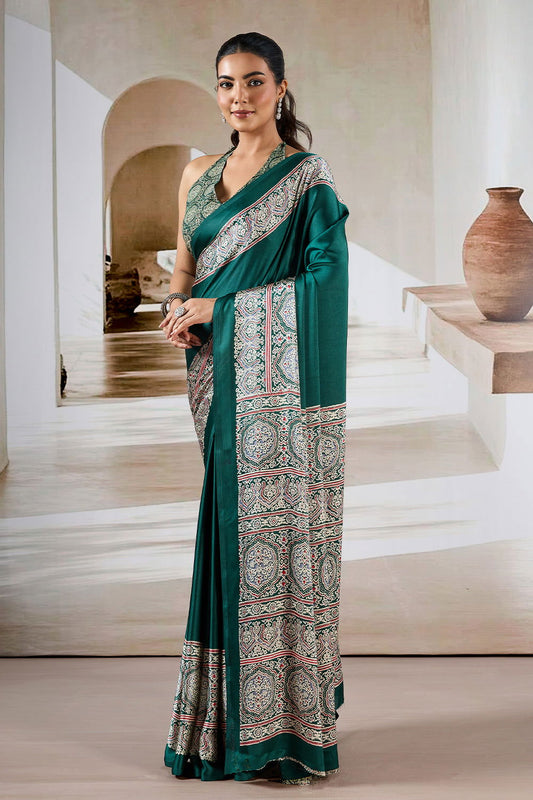 Dark Green Satin Modal Silk Saree with Ajrak Print - Mayrake.in