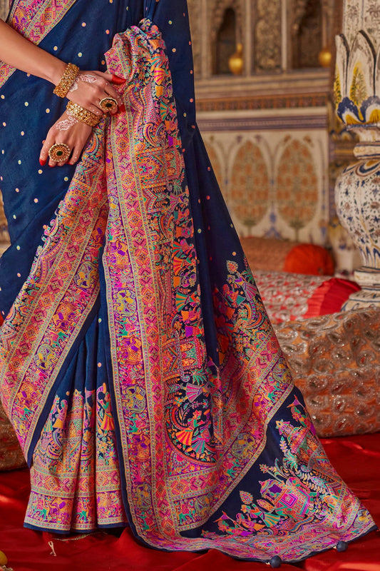 Dark Navy Blue Raw Silk Saree with Heritage Prints - Mayrake.in