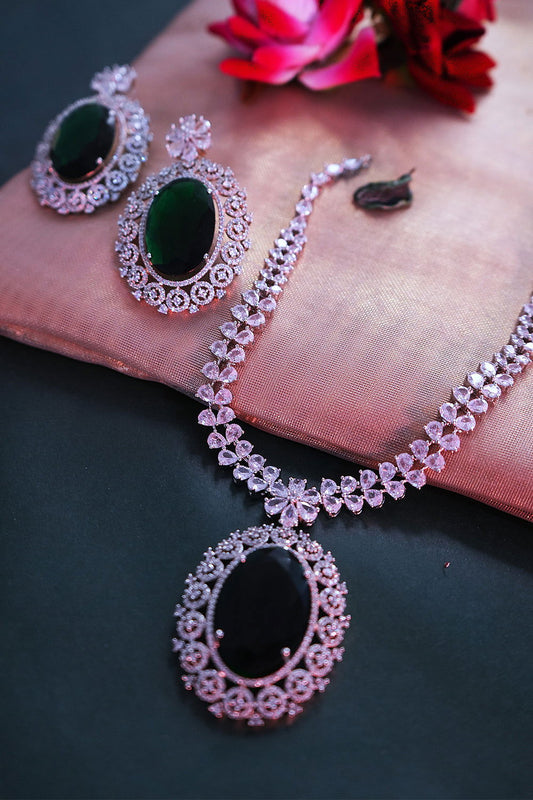 Emerald Green American Diamond Necklace with Earrings Jewellery Set - Mayrake.in