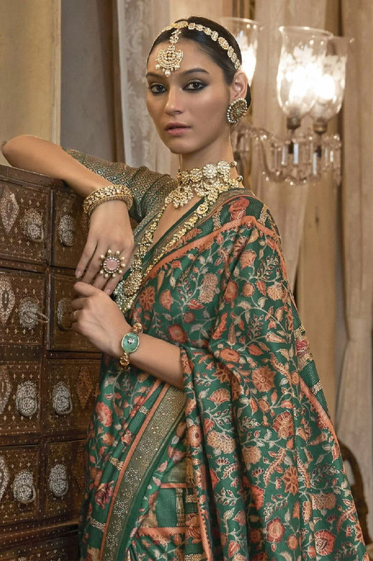 Emerald Green Raw Silk Saree with Ethnic Heritage Prints - Mayrake.in
