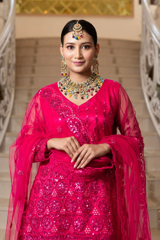 Fuchsia Pink Super Net Full Sleeve Kurta With Flared Palazzo Sets - Mayrake.in
