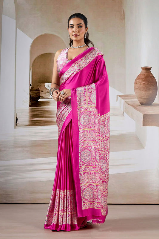 Fushcia Pink Satin Modal Silk Saree with Ajrakh Print - Mayrake.in