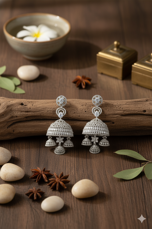 Sparkling American Diamond Jewellery Multi-Layer Big Jhumka Earrings