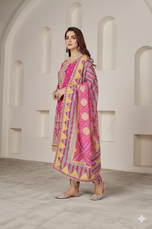 Magenta Pink Silk Suit with Zari Embroidery with Designer Dhoti Pant & Dupatta