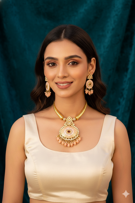 Jadau Kundan Peach Beads and Pearls Hasli Jewellery