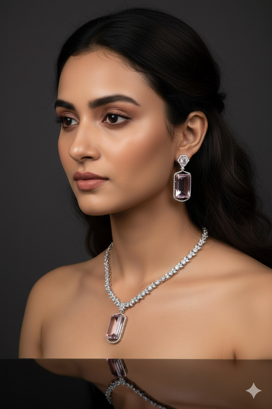 Rose Gold American Diamond Necklace Jewellery with Earrings