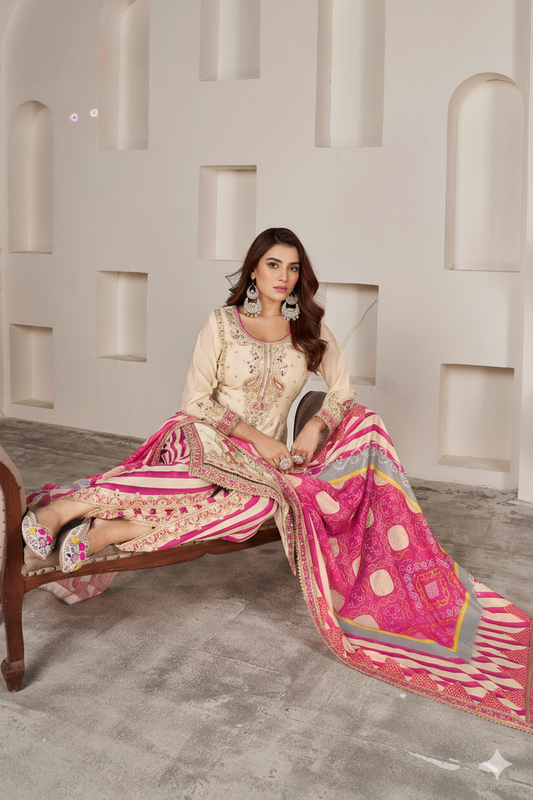 Cream-Pink Silk Suit with Zari Embroidery with Designer Dhoti Pant & Dupatta