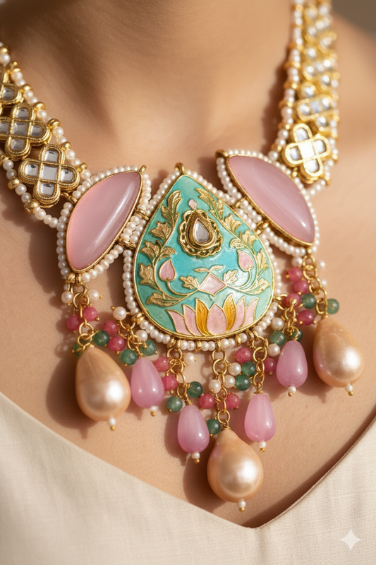 Gold Finish Kundan Necklace Jewellery with Multi-Color Beads and Pearls