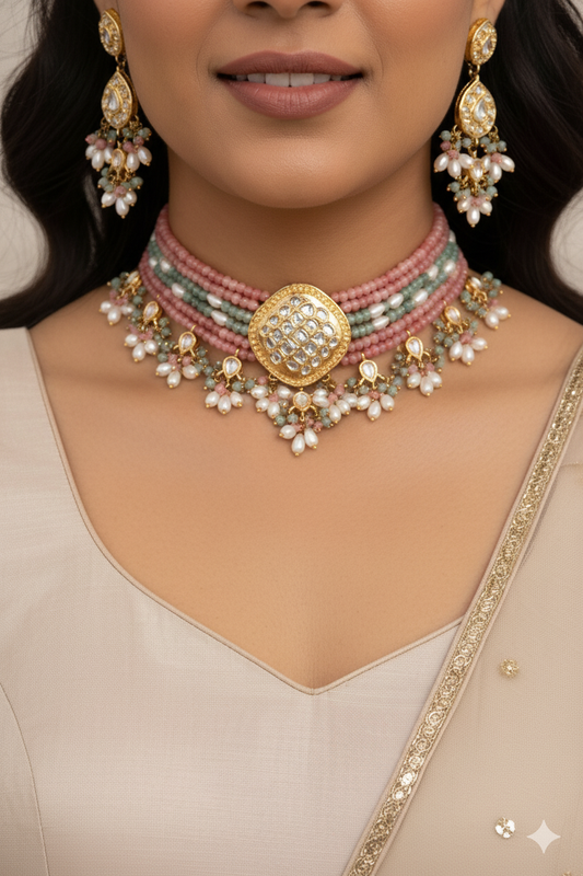 Gold Finish Stone Kundan Multicolor Beads and Pearls Choker Jewellery