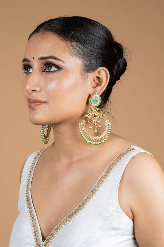 Gold Chad Bali Earrings with Kundan Work, Stones, and Pearls in Mixed Metal - Mayrake