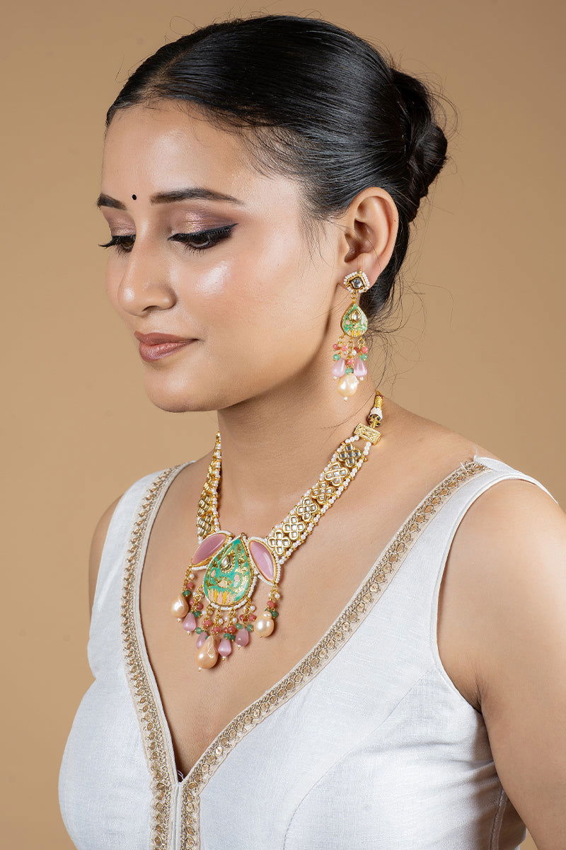 Gold Finish Kundan Necklace with Multi-Color Beads and Pearls - Mayrake.in