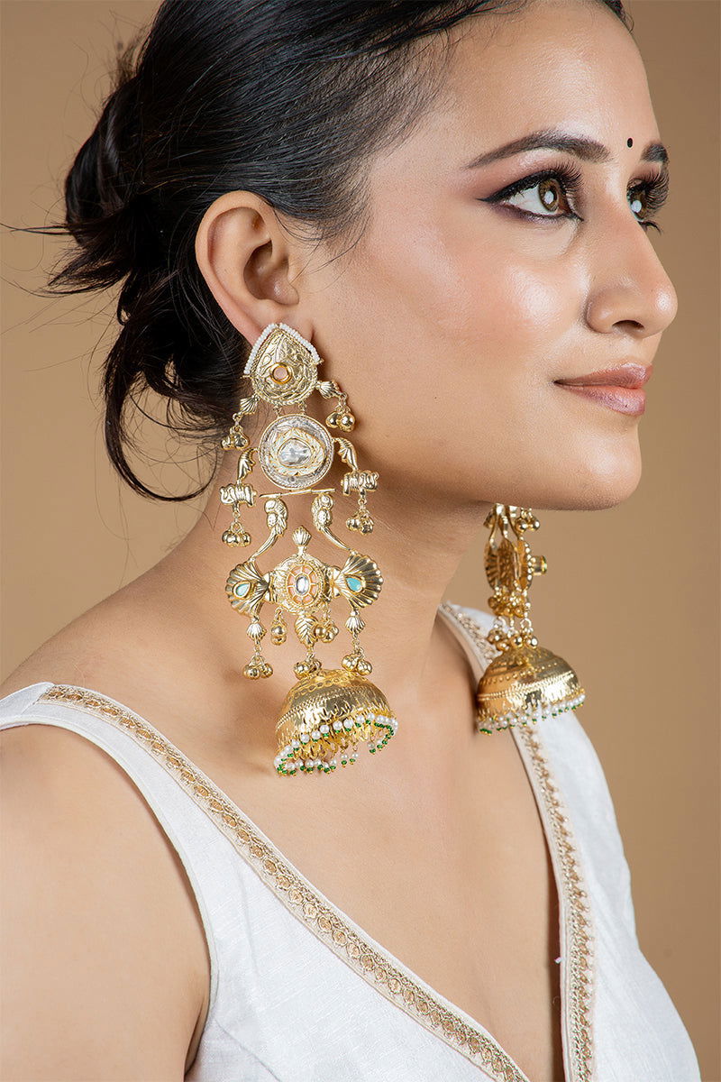 Gold Maharani Mixed Metal Kundan Work and Pearls Jhumka Earrings - Mayrake.in