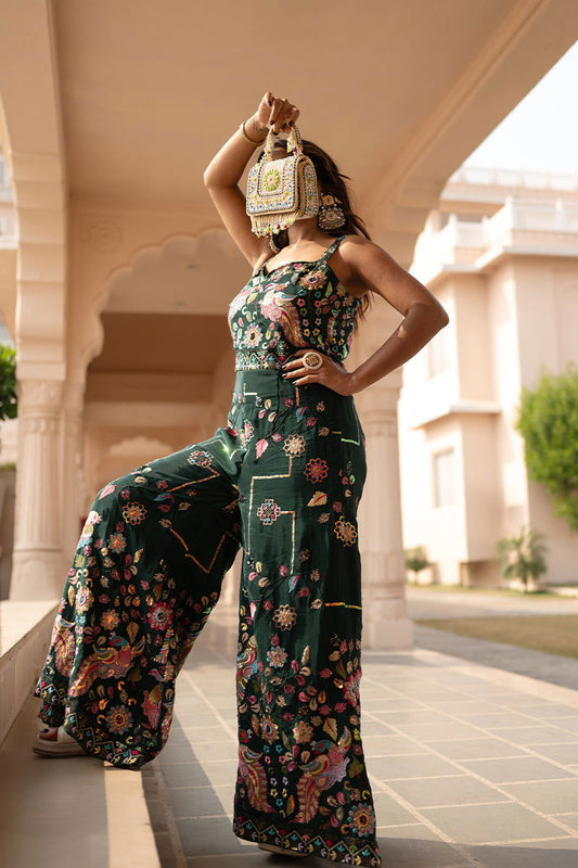 Green Gaji Silk Jumpsuit with Intricate Bird Motif Embroidery - Mayrake.in
