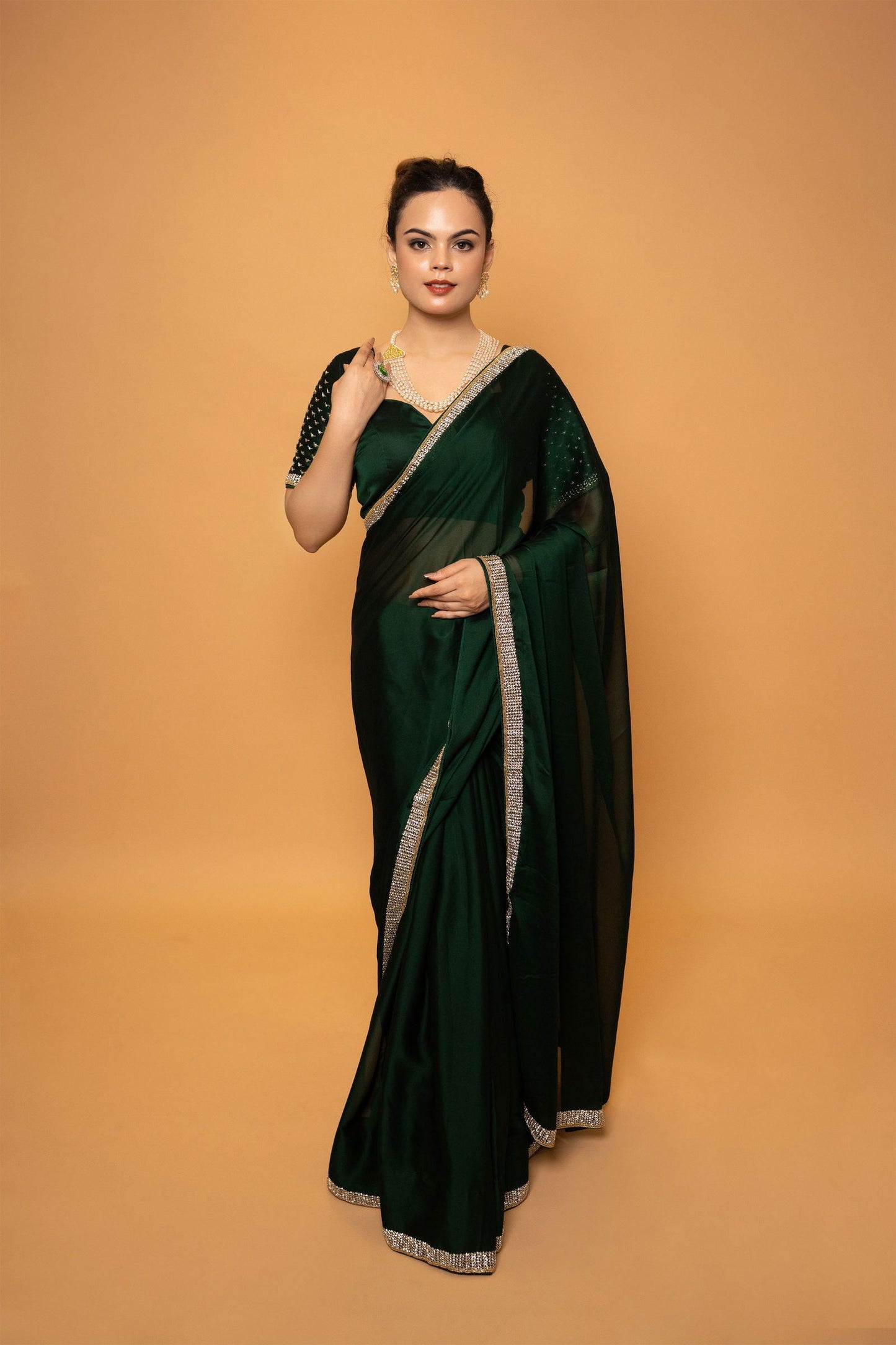 Peacock Blue Georgette Saree With Swarovski Work