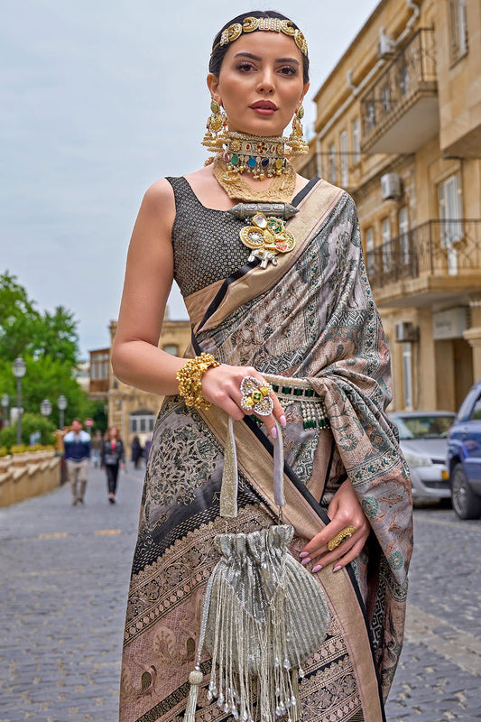 Grey Raw Silk Saree with Floral Motifs - Mayrake.in