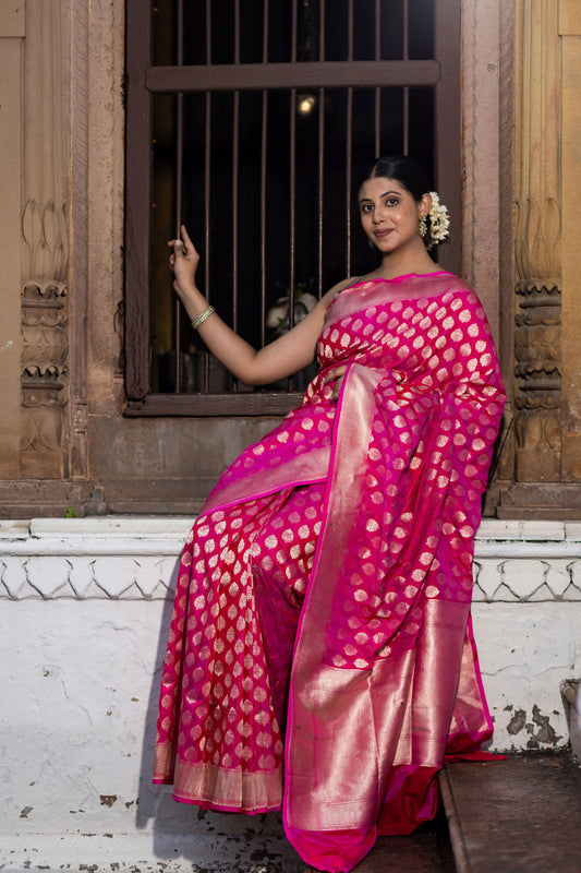 Handloom Hot Pink Pure Katan Silk Banarasi Saree - Mayrake.in