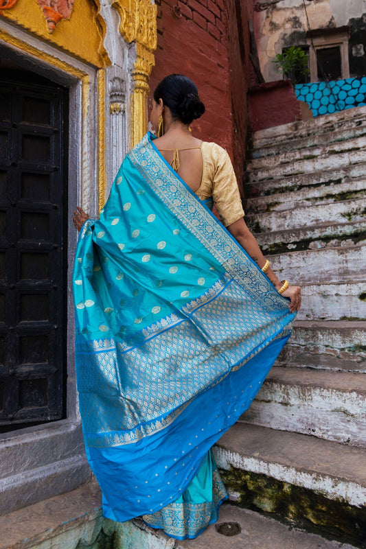 Handloom Light Sky Blue Pure Katan Silk Banarasi Saree - Mayrake.in
