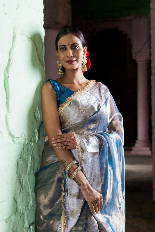 Handloom Peacock Blue Pure Katan Tissue Silk Banarasi Saree - Mayrake.in