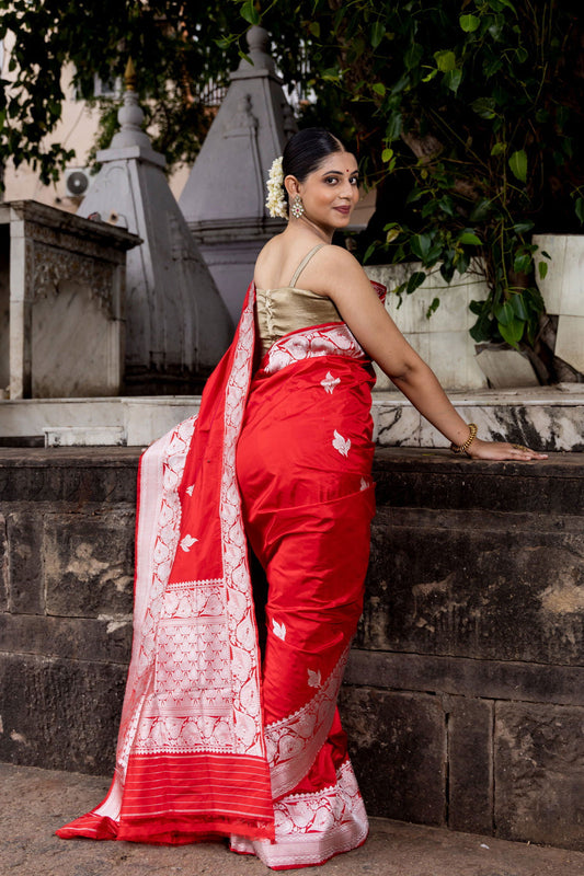 Handloom Red Pure Katan Silk Banarasi Saree - Mayrake.in