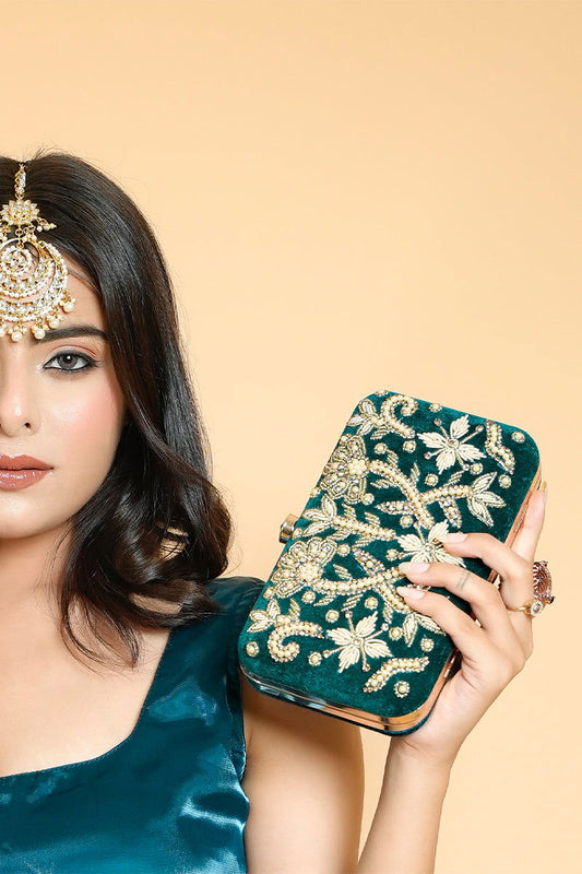 Handwork Green Pearl Zardosi Work Clutch with Handle and Velvet Base - Mayrake.in