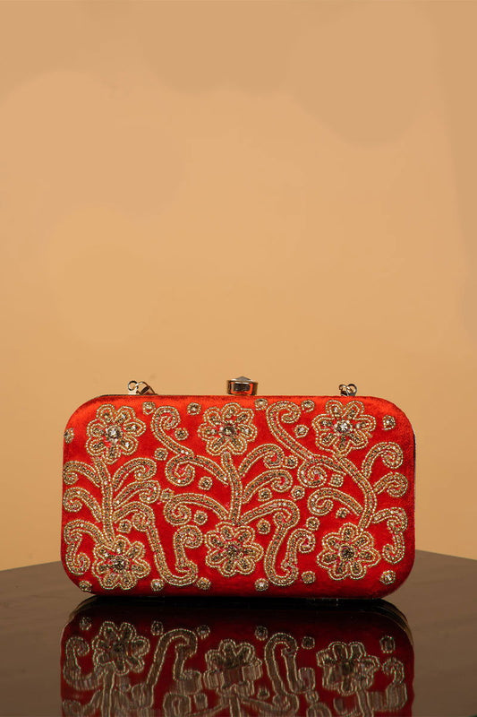 Handwork Red Pearl Zardozi Work Clutch with Handle and Velvet Base - Mayrake.in