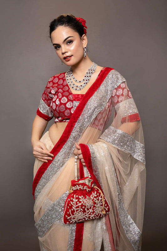 Ivory Golden Net Saree With Sequin Work with Stitched Blouse - Mayrake.in