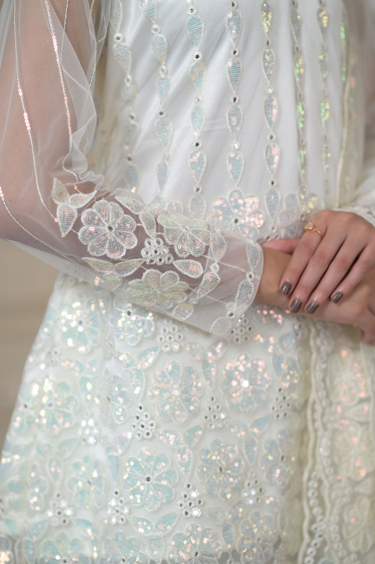 Ivory Pearl White Super Net Full Sleeve Kurta With Flared Palazzo Sets - Mayrake.in