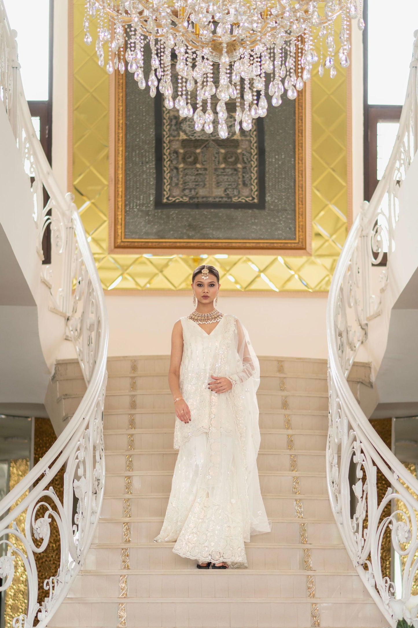 Ivory Pearl White Super Net Sleeveless Kurta With Flared Palazzo Set - Mayrake.in