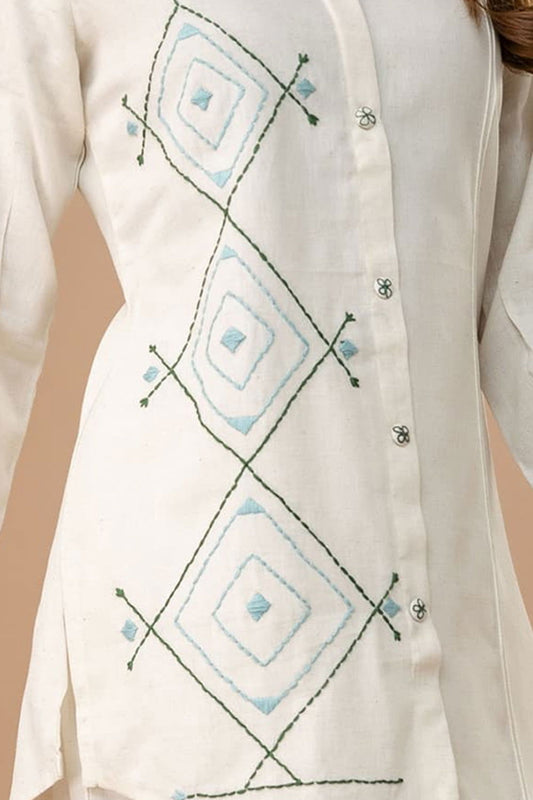 Ivory White Cord Set with Rama Green Color Hand Embroidery with Pant - Mayrake.in