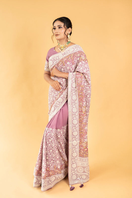 Lavender Purple Lucknowi Georgette Saree with Beautiful Tassels and Zari Work - Mayrake.in