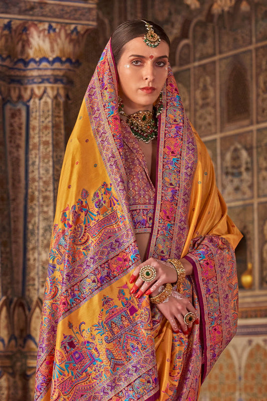 Marigold Yellow Raw Silk Saree with Heritage Prints - Mayrake.in