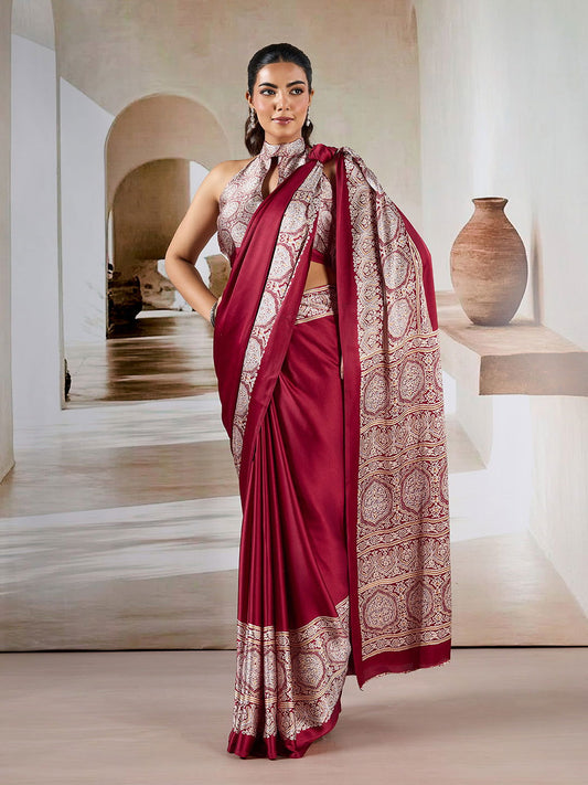 Maroon Pure Satin Modal Silk Saree with Ajrakh Print - Mayrake.in