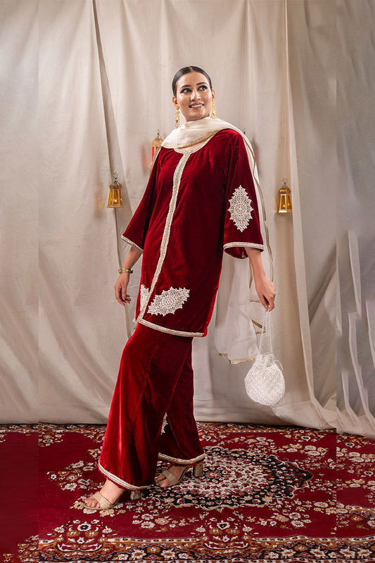 Maroon Velvet Embroidered Palazzo Sets - Mayrake.in