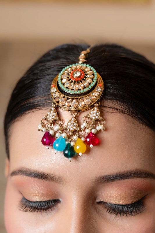 Multi Color Heavy Necklace Set With Color Full stones And Beads Along With Maang Tikka - Mayrake.in