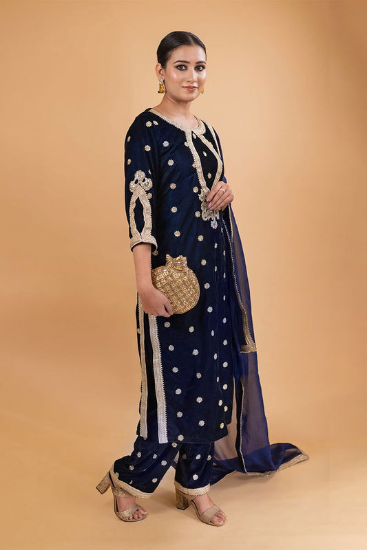 Navy Blue Velvet Embriodered Suit - Mayrake.in