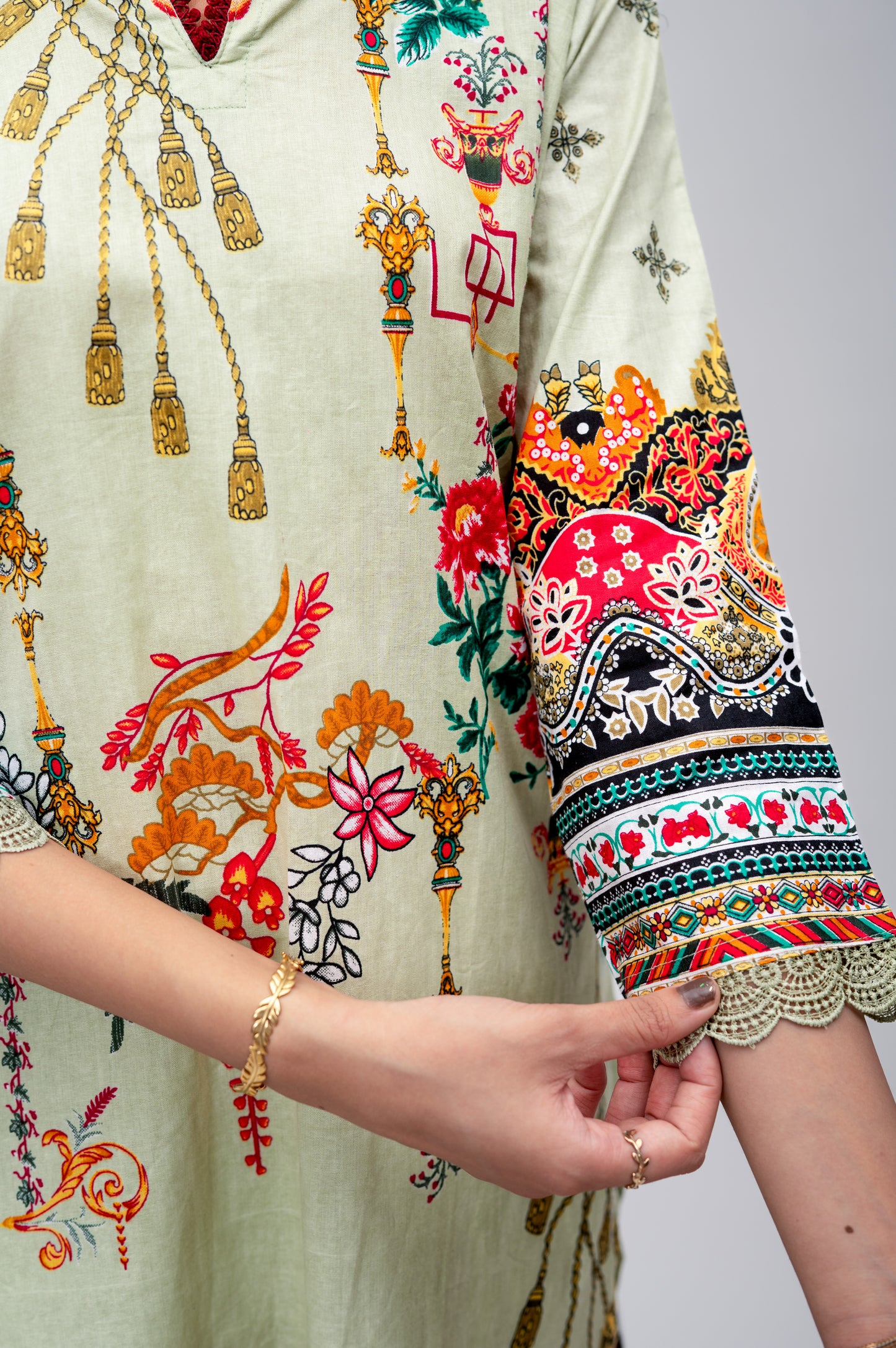 Pastel Green Cotton Suit with Embroidery with a Malmal Printed Dupatta