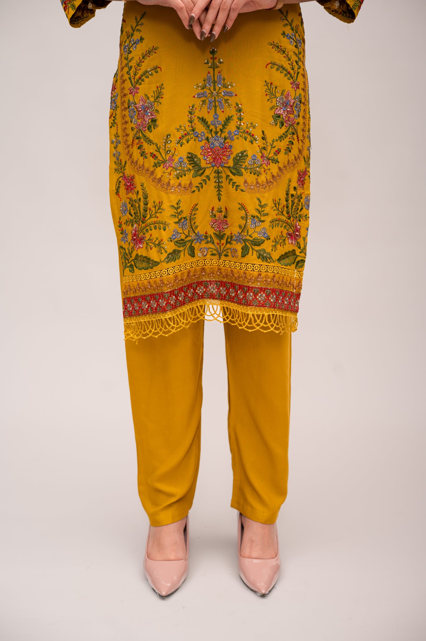 Lemon Yellow Cotton Suit with Embroidery with a Malmal Printed Dupatta