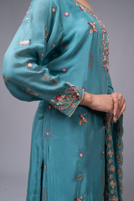 Sky Blue Garara Kurta Set with Pearl, Jarkan & Multicolor Embroidery
