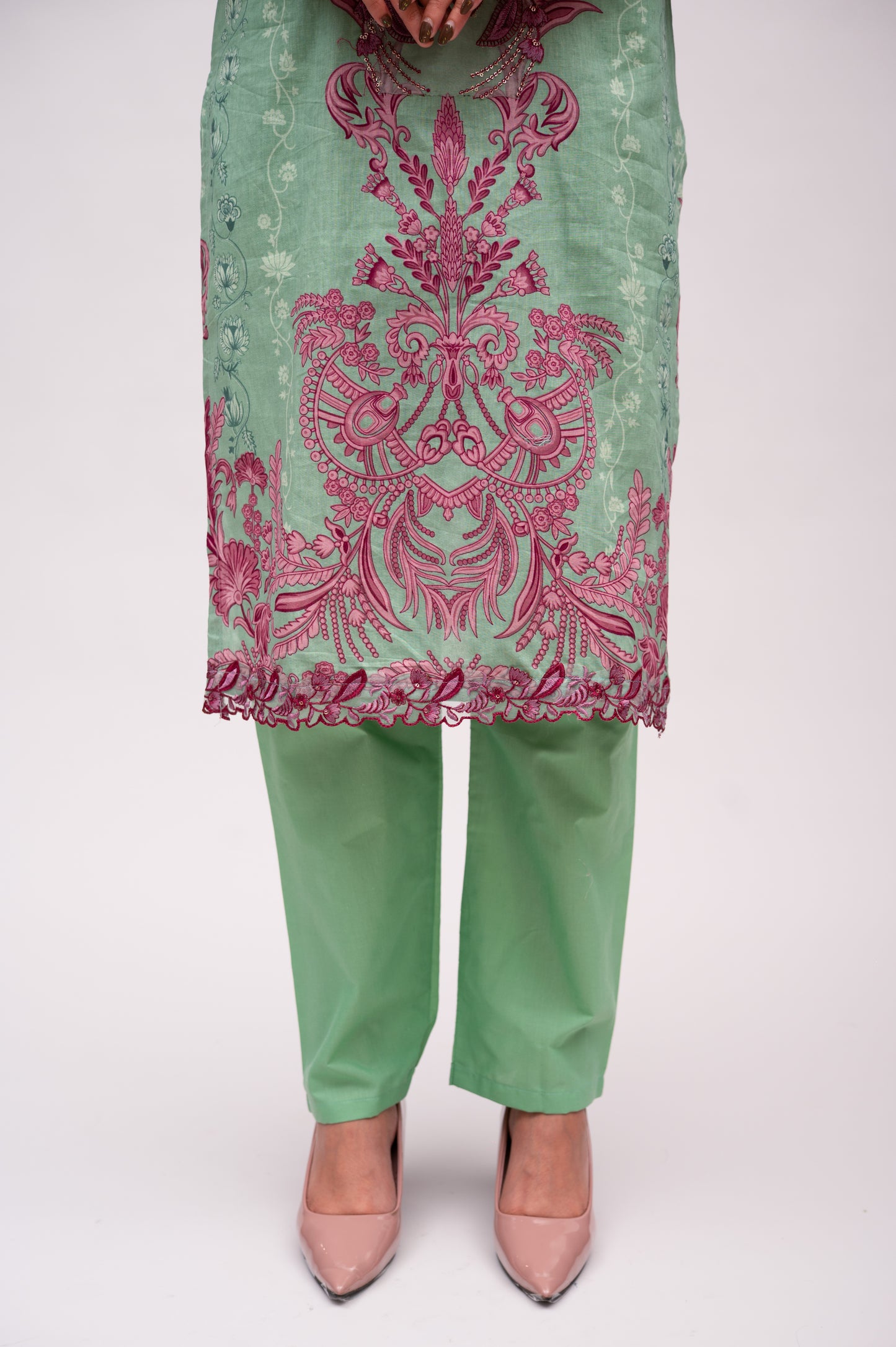 Pastel Green Lawn Cotton Suit with Plain Bottom and Printed Dupatta