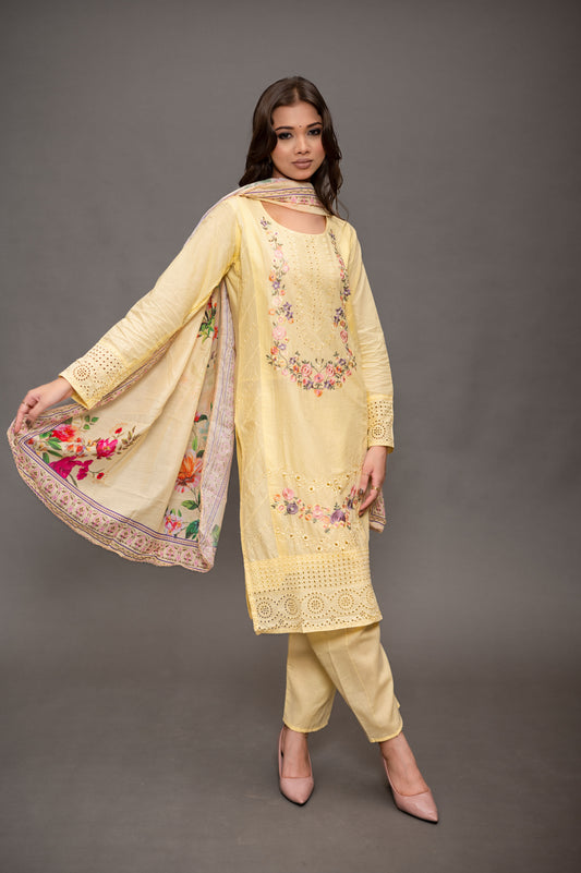 Lemon Yellow Cotton Suit with Embroidery with a Malmal Printed Dupatta