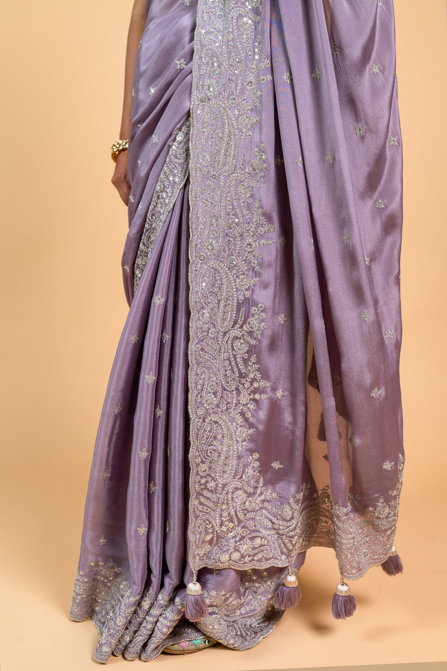 Two Blouse Concept – Lavender Purple Crepe Silk Saree with Sequin and Zari Work
